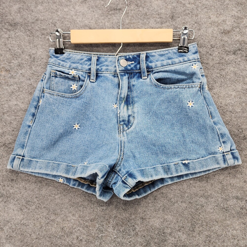 PacSun Shorts Womens 25 Mom Short Blue Denim Floral Embroidery